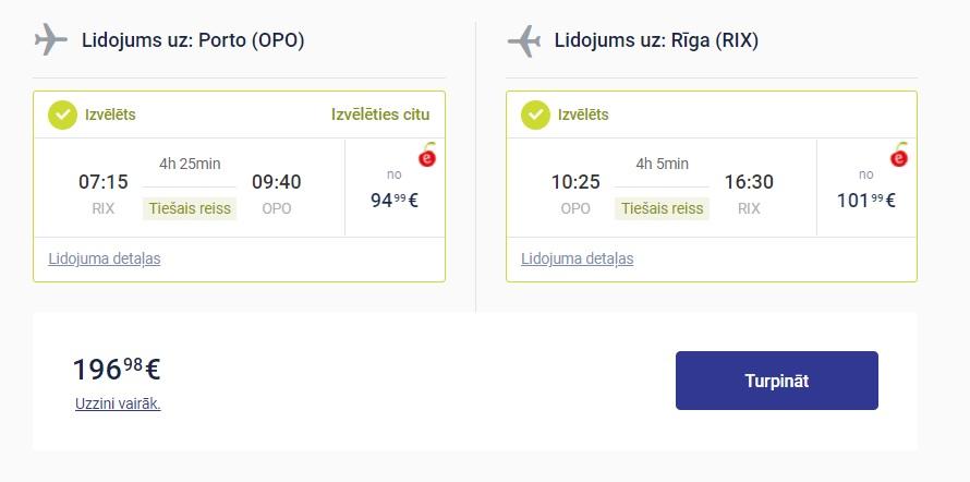 Tiešie lidojumi no Rīgas uz Portu