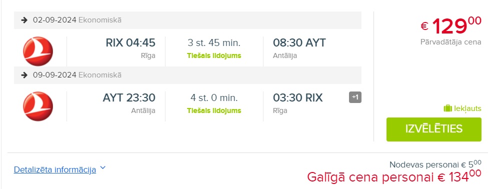 Tiešais lidojums uz Antāliju