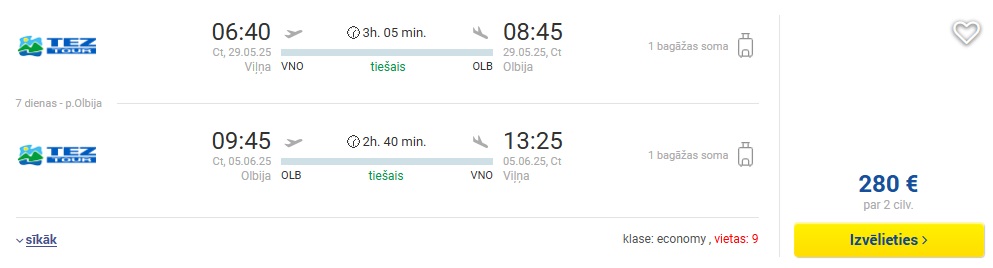 Čarterlidojums uz Sardīniju