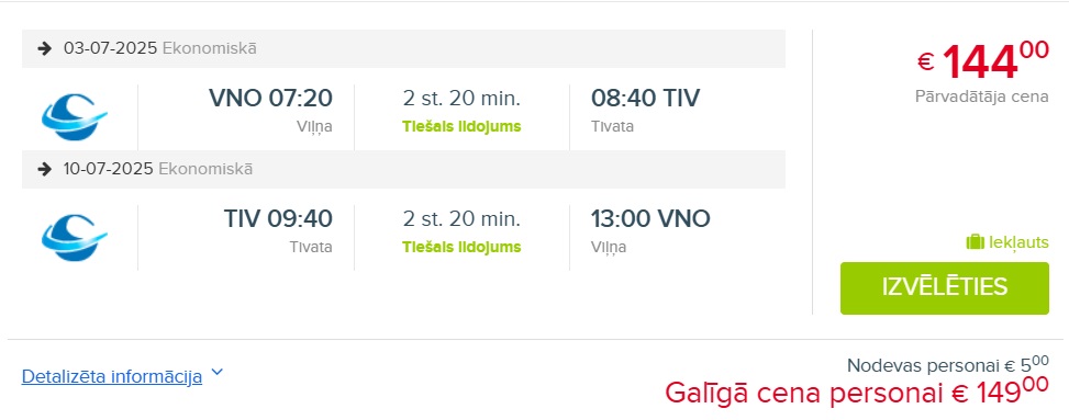 Čarterlidojums uz Melnkalni